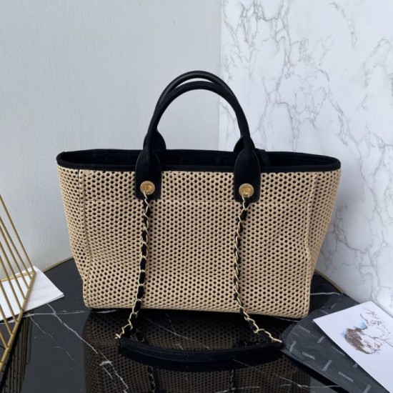 Replica Premium Borsa tote Chanel Deauville Beach Shopping AS3257 Rafia Nero Imitazione Outlet