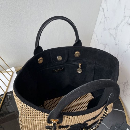 Replica Premium Borsa tote Chanel Deauville Beach Shopping AS3257 Rafia Nero Imitazione Outlet