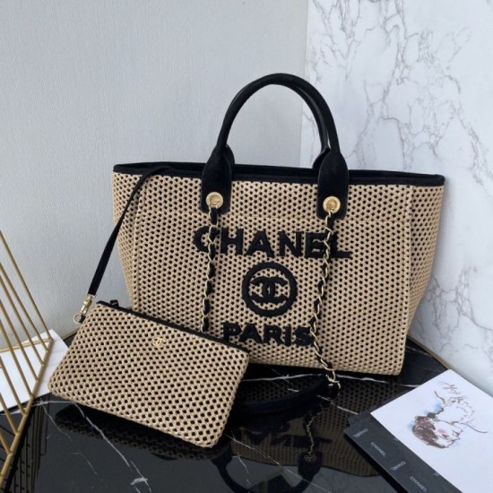Replica Premium Borsa tote Chanel Deauville Beach Shopping AS3257 Rafia Nero Imitazione Outlet