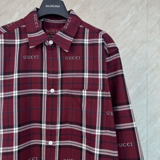 Perfetto Replica Camicia Gucci a maniche lunghe con colletto jacquard scozzese Imitazione Outlet