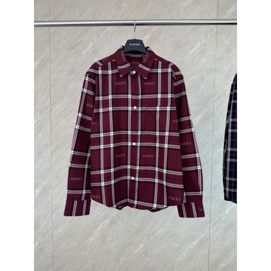 Perfetto Replica Camicia Gucci a maniche lunghe con colletto jacquard scozzese Imitazione Outlet
