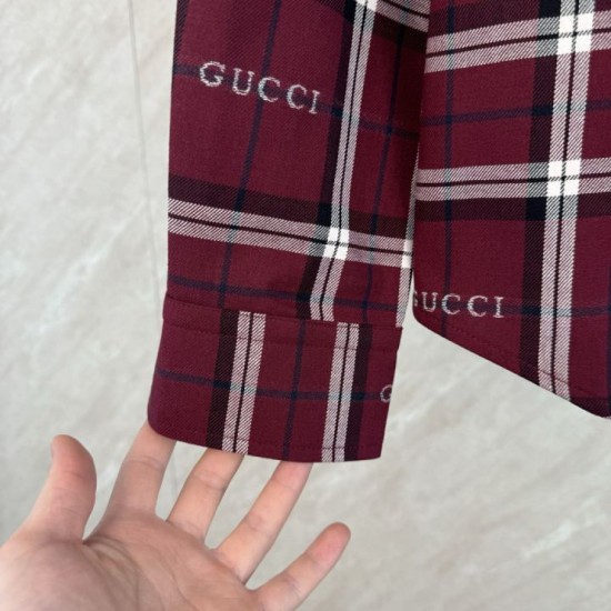 Perfetto Replica Camicia Gucci a maniche lunghe con colletto jacquard scozzese Imitazione Outlet