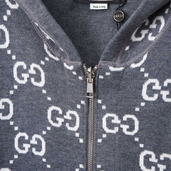 Perfetto Replica Giacca Gucci classica cappuccio in misto cashmere jacquard con doppia G Imitazione Outlet