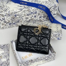 Replica Portacarte Lady Dior con patta e liconica impuntura Cannage Nero Imitazione Outlet Online