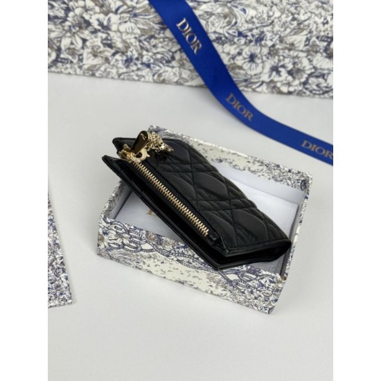 Replica Portacarte Lady Dior con patta e liconica impuntura Cannage Nero Imitazione Outlet Online