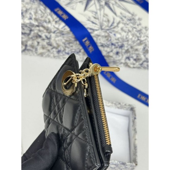 Replica Portacarte Lady Dior con patta e liconica impuntura Cannage Nero Imitazione Outlet Online