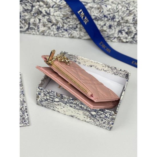 Replica Portafoglio Dior Caro Dahlia in morbida pelle di vitello cannage Rosa Imitazione Outlet Online