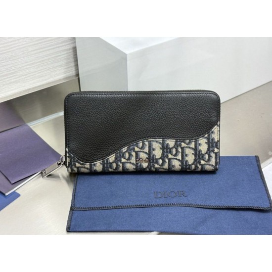 Replica Portafoglio lungo con cerniera Dior Saddle jacquard Oblique Dior beige/nero Imitazione Outlet Online