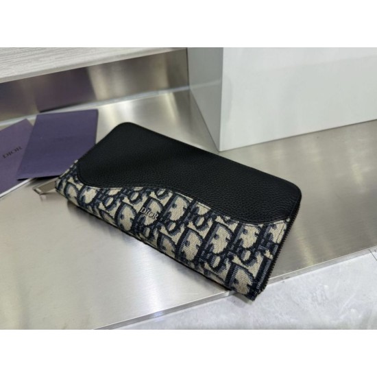 Replica Portafoglio lungo con cerniera Dior Saddle jacquard Oblique Dior beige/nero Imitazione Outlet Online