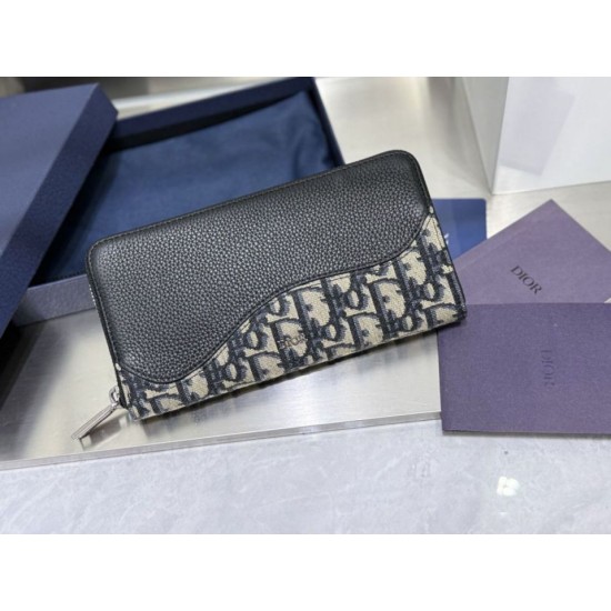 Replica Portafoglio lungo con cerniera Dior Saddle jacquard Oblique Dior beige/nero Imitazione Outlet Online