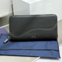 Replica Portafoglio lungo Dior Saddle con cerniera pelle di vitello martellata nera Imitazione Outlet Online