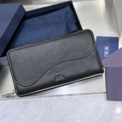Replica Portafoglio lungo Dior Saddle con cerniera pelle di vitello martellata nera Imitazione Outlet Online