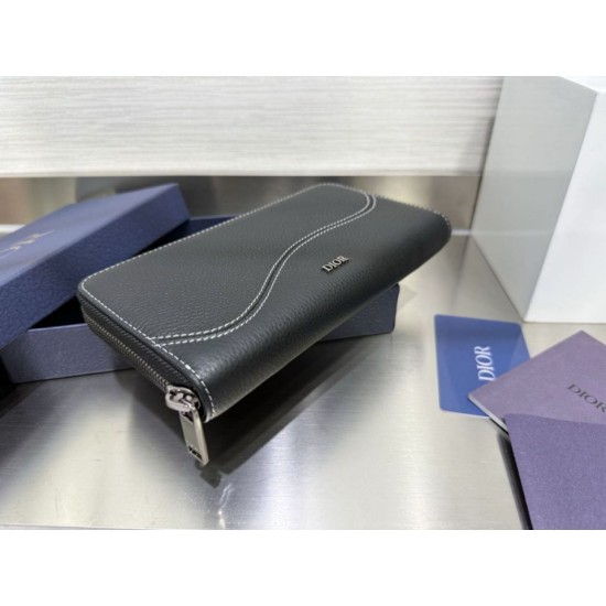 Replica Portafoglio lungo Dior Saddle con cerniera pelle di vitello martellata nera Imitazione Outlet Online