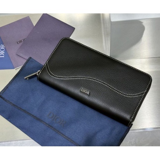 Replica Portafoglio lungo Dior Saddle con cerniera pelle di vitello martellata nera Imitazione Outlet Online