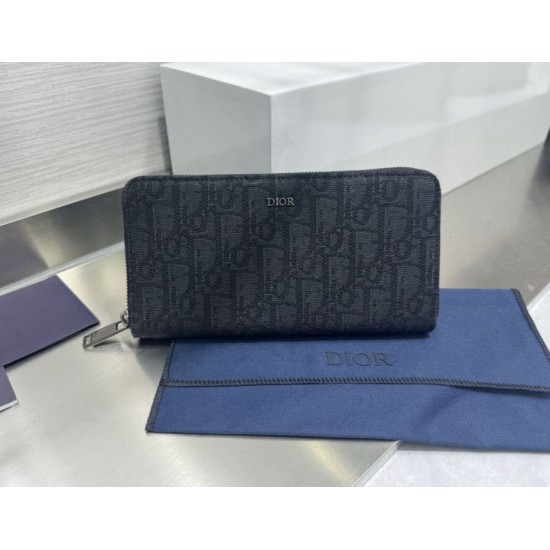 Replica Portafoglio lungo con cerniera Dior jacquard obliquo nero Imitazione Outlet Online