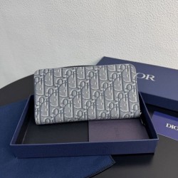 Replica Portafoglio lungo con zip Dior Saddle tela jacquard Oblique grigia Imitazione Outlet Online