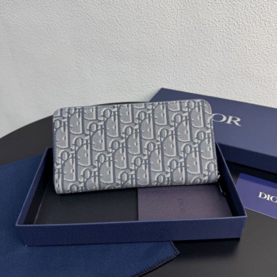 Replica Portafoglio lungo con zip Dior Saddle tela jacquard Oblique grigia Imitazione Outlet Online