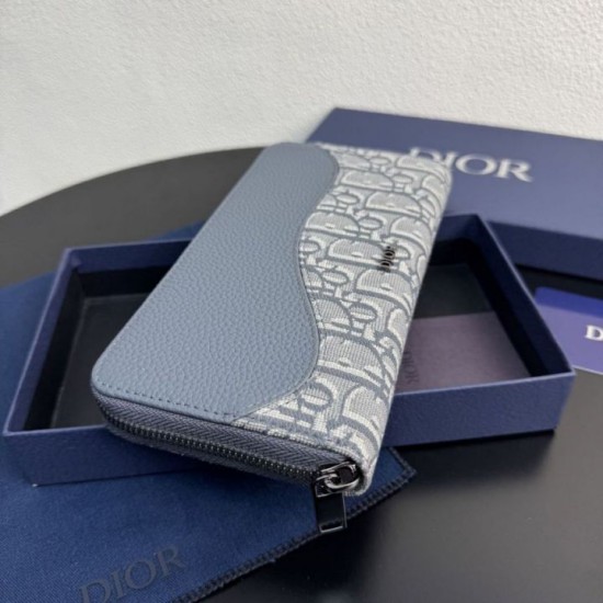 Replica Portafoglio lungo con zip Dior Saddle tela jacquard Oblique grigia Imitazione Outlet Online