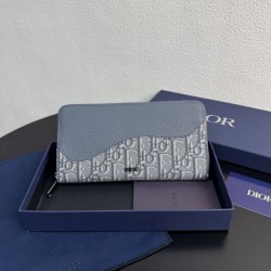 Replica Portafoglio lungo con zip Dior Saddle tela jacquard Oblique grigia Imitazione Outlet Online