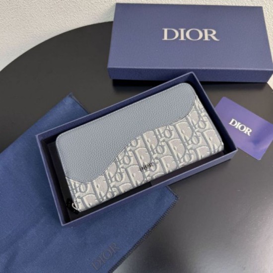 Replica Portafoglio lungo con zip Dior Saddle tela jacquard Oblique grigia Imitazione Outlet Online