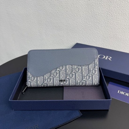 Replica Portafoglio lungo con zip Dior Saddle tela jacquard Oblique grigia Imitazione Outlet Online