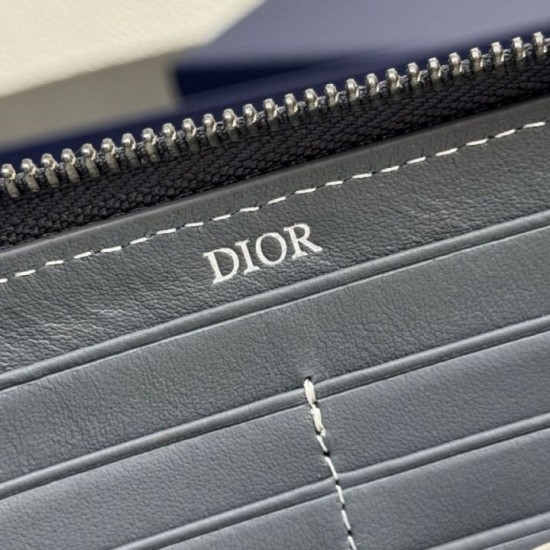 Replica Portafoglio lungo con zip Dior Saddle tela jacquard Oblique grigia Imitazione Outlet Online