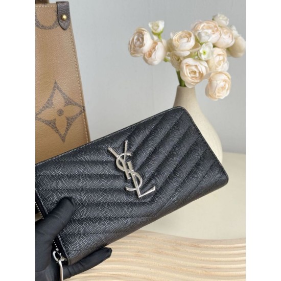Replica Portafoglio YSL Saint Laurent Monogram Continental con cerniera Nero Argento Imitazione Outlet Online