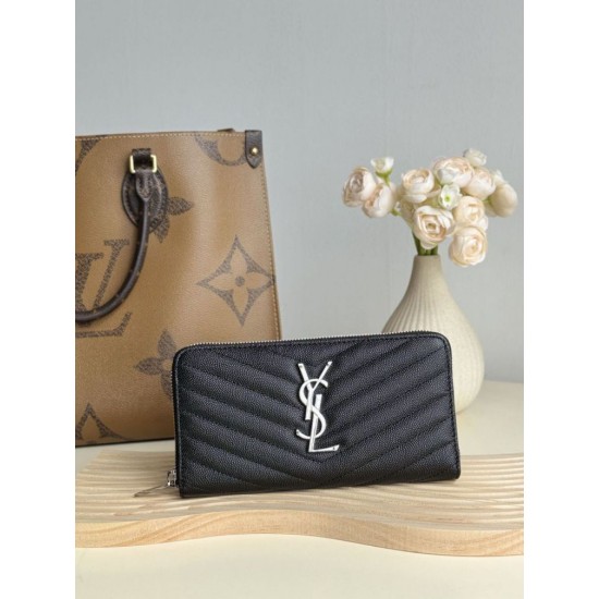 Replica Portafoglio YSL Saint Laurent Monogram Continental con cerniera Nero Argento Imitazione Outlet Online