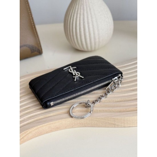 Replica Porta carte con cerniera YSL Saint Laurent Cassandre Matelassé Fragments Nero Argento Imitazione Outlet Online