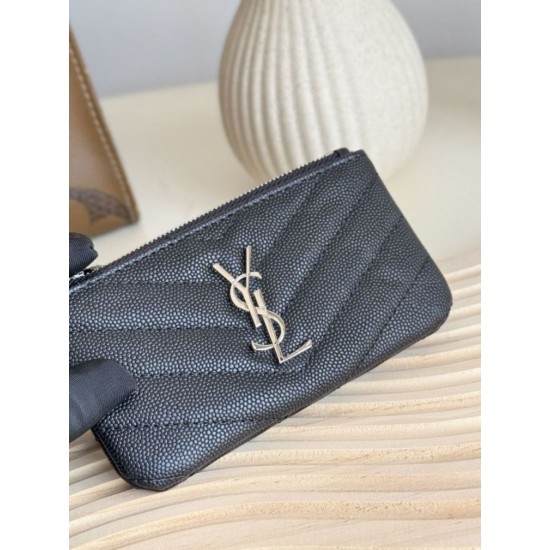 Replica Porta carte con cerniera YSL Saint Laurent Cassandre Matelassé Fragments Nero Argento Imitazione Outlet Online