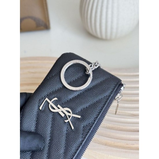 Replica Porta carte con cerniera YSL Saint Laurent Cassandre Matelassé Fragments Nero Argento Imitazione Outlet Online