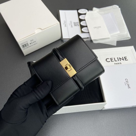 Replica Portafoglio piccolo a tre ante CELINE 16 in pelle di vitello satinata Nero Imitazione Outlet Online