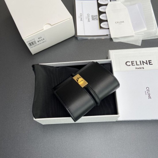 Replica Portafoglio piccolo a tre ante CELINE 16 in pelle di vitello satinata Nero Imitazione Outlet Online
