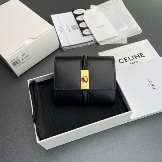 Replica Portafoglio piccolo a tre ante CELINE 16 in pelle di vitello satinata Nero Imitazione Outlet Online