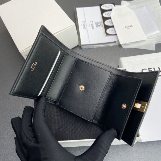 Replica Portafoglio piccolo a tre ante CELINE 16 in pelle di vitello satinata Nero Imitazione Outlet Online