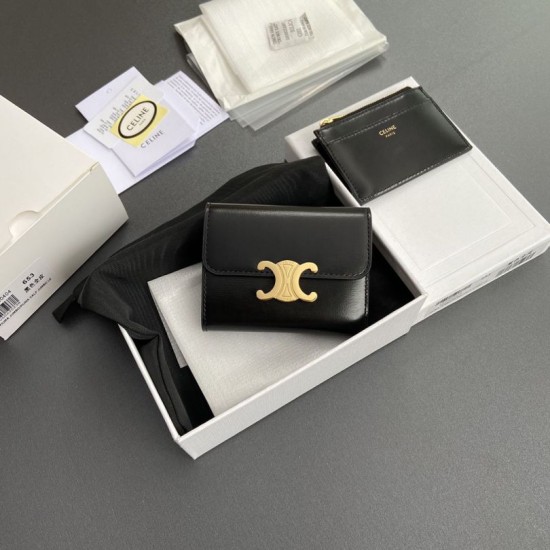 Replica Portafoglio compatto Celine con portamonete Triomphe nero Imitazione Outlet Online