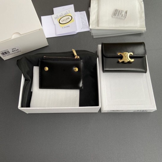 Replica Portafoglio compatto Celine con portamonete Triomphe nero Imitazione Outlet Online