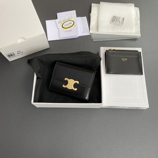 Replica Portafoglio compatto Celine con portamonete Triomphe nero Imitazione Outlet Online