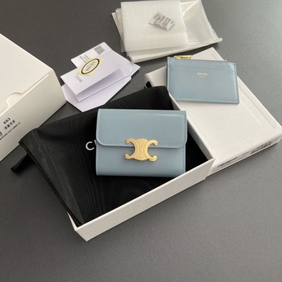 Replica Portafoglio compatto Celine con portamonete Triomphe Blu Imitazione Outlet Online