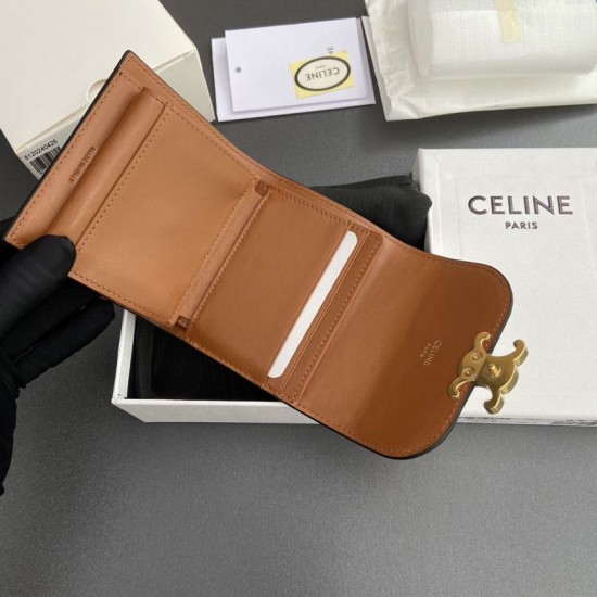 Replica Portafoglio piccolo Celine con patta pelle di vitello con motivo Triomphe Marrone Imitazione Outlet Online