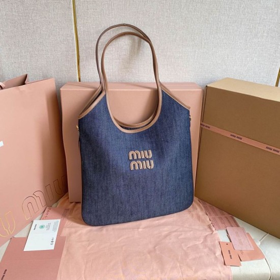 Replica Borsa a tracolla Miu Miu Ivy denim con finiture pelle 5BG231 Blu Imitazione Fallate Outlet