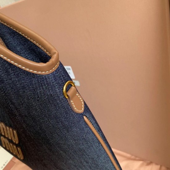 Replica Borsa a tracolla Miu Miu Ivy denim con finiture pelle 5BG231 Blu Imitazione Fallate Outlet