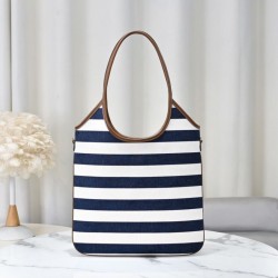 Replica Borsa tote tela Ivy di Miu Miu 5BG231 blu navy con righe bianche Imitazione Fallate Outlet