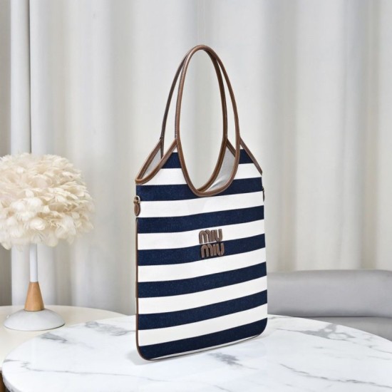 Replica Borsa tote tela Ivy di Miu Miu 5BG231 blu navy con righe bianche Imitazione Fallate Outlet