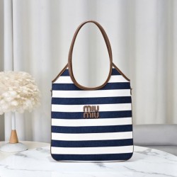 Replica Borsa tote tela Ivy di Miu Miu 5BG231 blu navy con righe bianche Imitazione Fallate Outlet