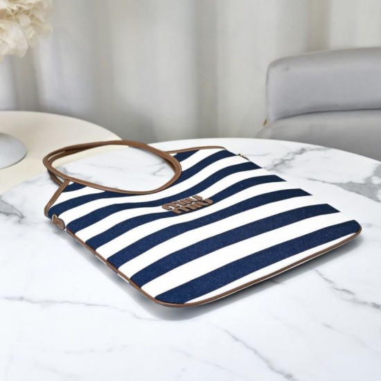 Replica Borsa tote tela Ivy di Miu Miu 5BG231 blu navy con righe bianche Imitazione Fallate Outlet