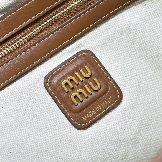 Replica Borsa tote tela Ivy di Miu Miu 5BG231 blu navy con righe bianche Imitazione Fallate Outlet