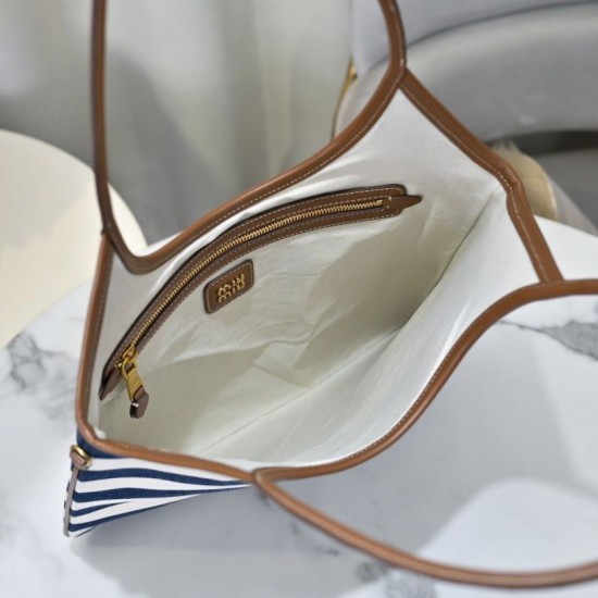 Replica Borsa tote tela Ivy di Miu Miu 5BG231 blu navy con righe bianche Imitazione Fallate Outlet