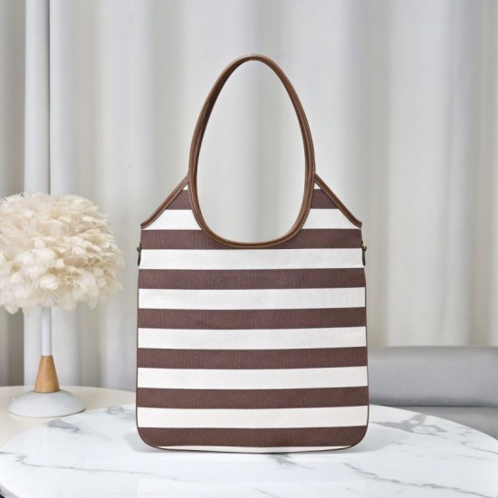 Replica Borsa a tracolla Miu Miu Ivy tela a righe e pelle 5BG231 caffè chiaro Imitazione Fallate Outlet
