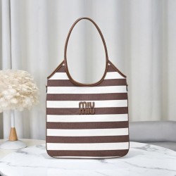 Replica Borsa a tracolla Miu Miu Ivy tela a righe e pelle 5BG231 caffè chiaro Imitazione Fallate Outlet